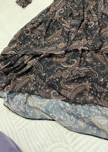 Uzun Kol Kahverengi Bohem Desenli Elbise - Görsel 6