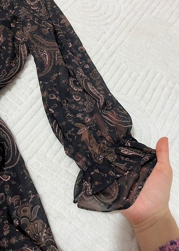 Uzun Kol Kahverengi Bohem Desenli Elbise - Görsel 7