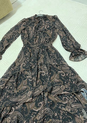 Uzun Kol Kahverengi Bohem Desenli Elbise - Görsel 2