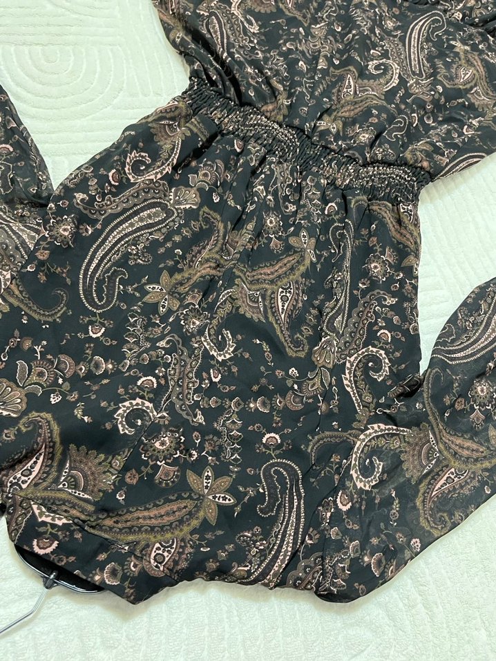 Uzun Kol Kahverengi Bohem Desenli Elbise - Görsel 5