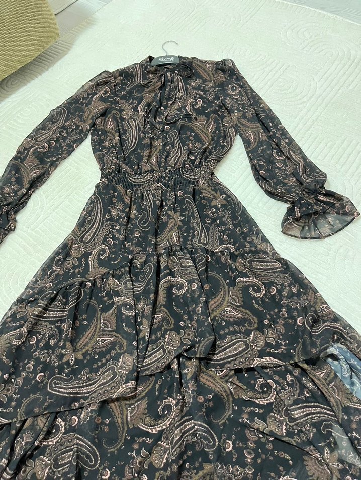 Uzun Kol Kahverengi Bohem Desenli Elbise - Görsel 2