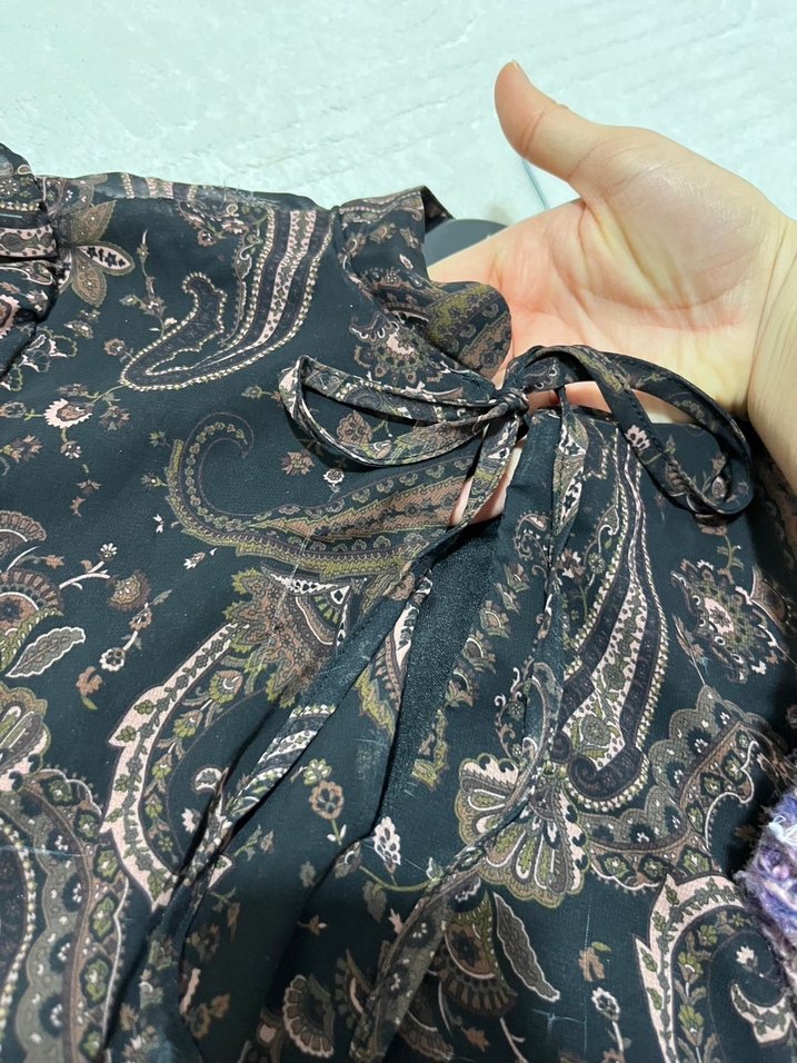 Uzun Kol Kahverengi Bohem Desenli Elbise - Görsel 4