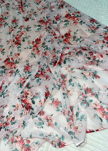 Pembe Çiçek Desenli V Yaka Midi Elbise - Görsel 6