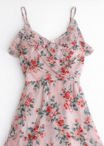 Pembe Çiçek Desenli V Yaka Midi Elbise - Görsel 2