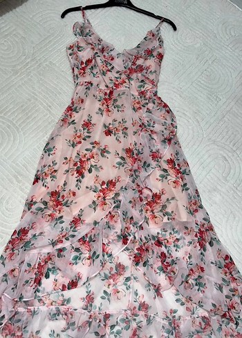 Pembe Çiçek Desenli V Yaka Midi Elbise - Görsel 4