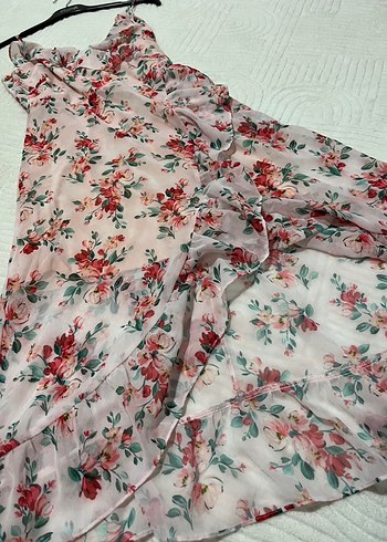 Pembe Çiçek Desenli V Yaka Midi Elbise - Görsel 7