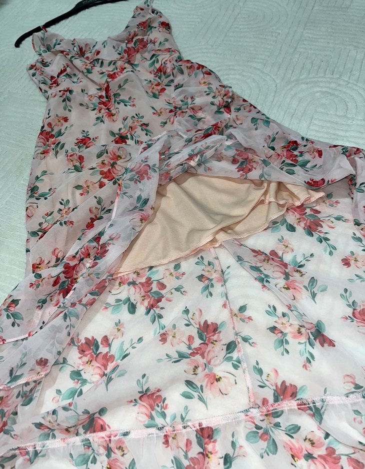 Pembe Çiçek Desenli V Yaka Midi Elbise - Görsel 5