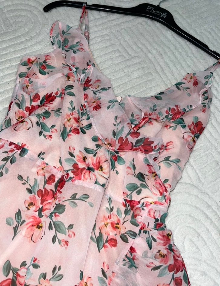 Pembe Çiçek Desenli V Yaka Midi Elbise - Görsel 3