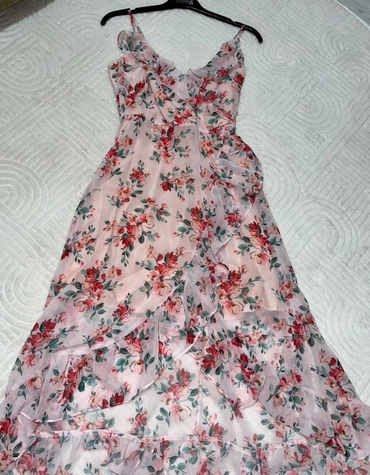 Pembe Çiçek Desenli V Yaka Midi Elbise - Görsel 4