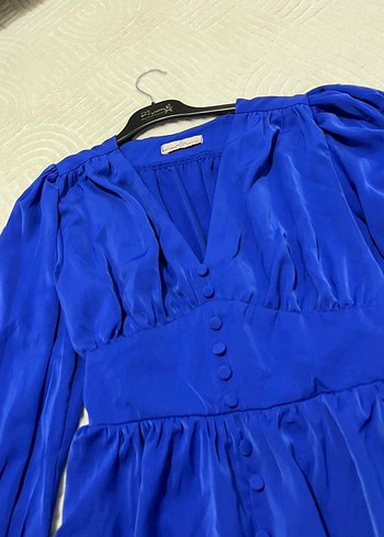 Düğmeli Parlak Mavi Mini Elbise - Görsel 2