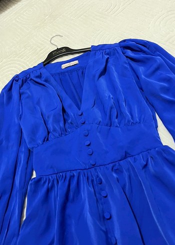 Düğmeli Parlak Mavi Mini Elbise - Görsel 6