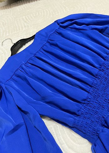 Düğmeli Parlak Mavi Mini Elbise - Görsel 5