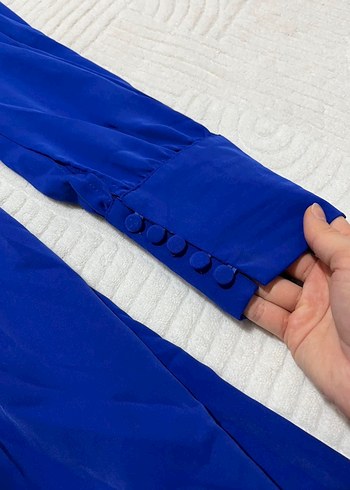 Düğmeli Parlak Mavi Mini Elbise - Görsel 3