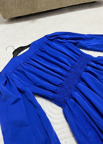 Düğmeli Parlak Mavi Mini Elbise - Görsel 4