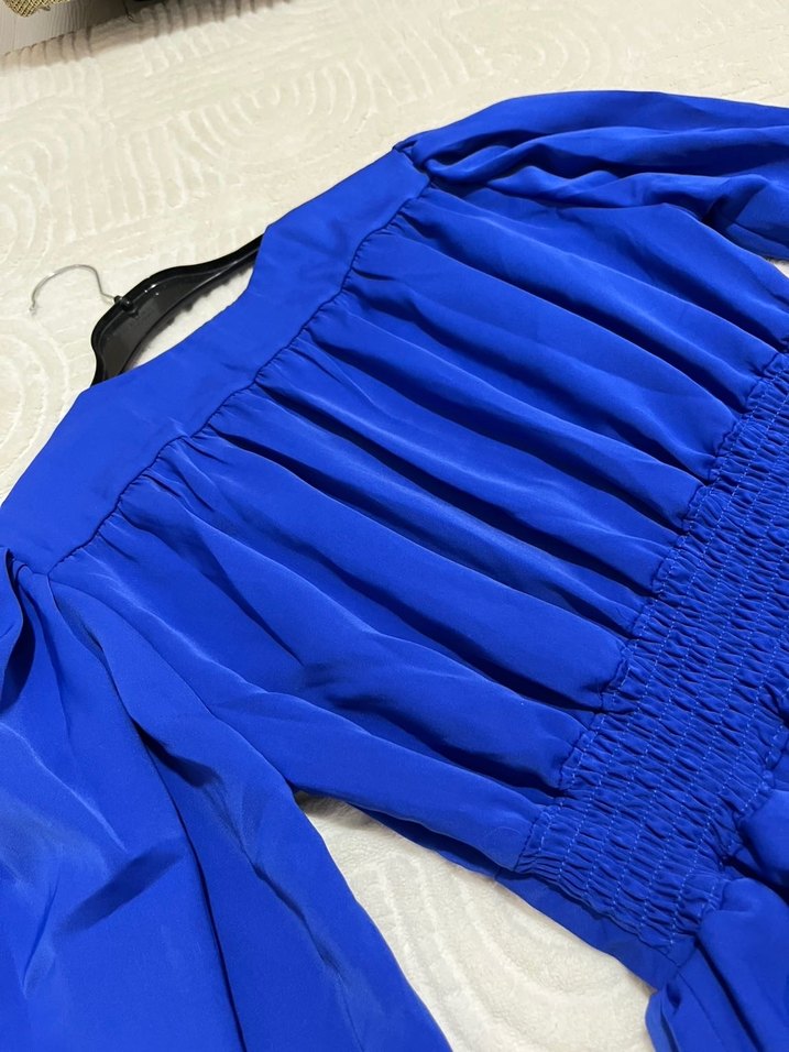 Düğmeli Parlak Mavi Mini Elbise - Görsel 5