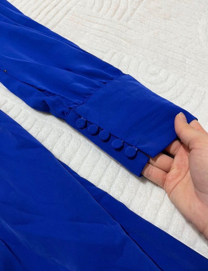 Düğmeli Parlak Mavi Mini Elbise - Görsel 3