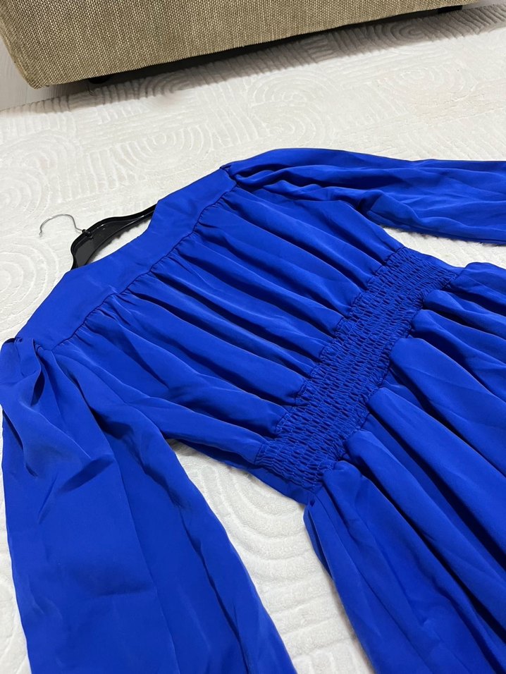 Düğmeli Parlak Mavi Mini Elbise - Görsel 4