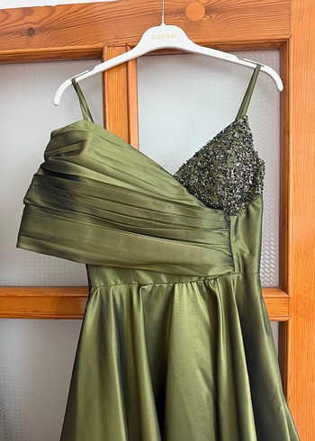 Tek Omuz Drapeli Taş Detaylı Helen Yeşil Abiye Elbise - Görsel 5