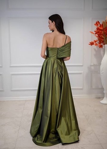 Tek Omuz Drapeli Taş Detaylı Helen Yeşil Abiye Elbise - Görsel 2