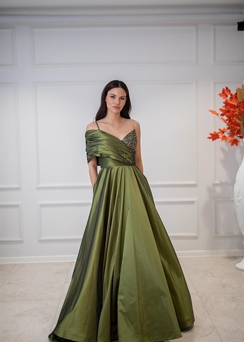 Tek Omuz Drapeli Taş Detaylı Helen Yeşil Abiye Elbise - Görsel 3