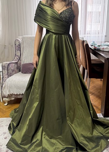 Tek Omuz Drapeli Taş Detaylı Helen Yeşil Abiye Elbise - Görsel 7