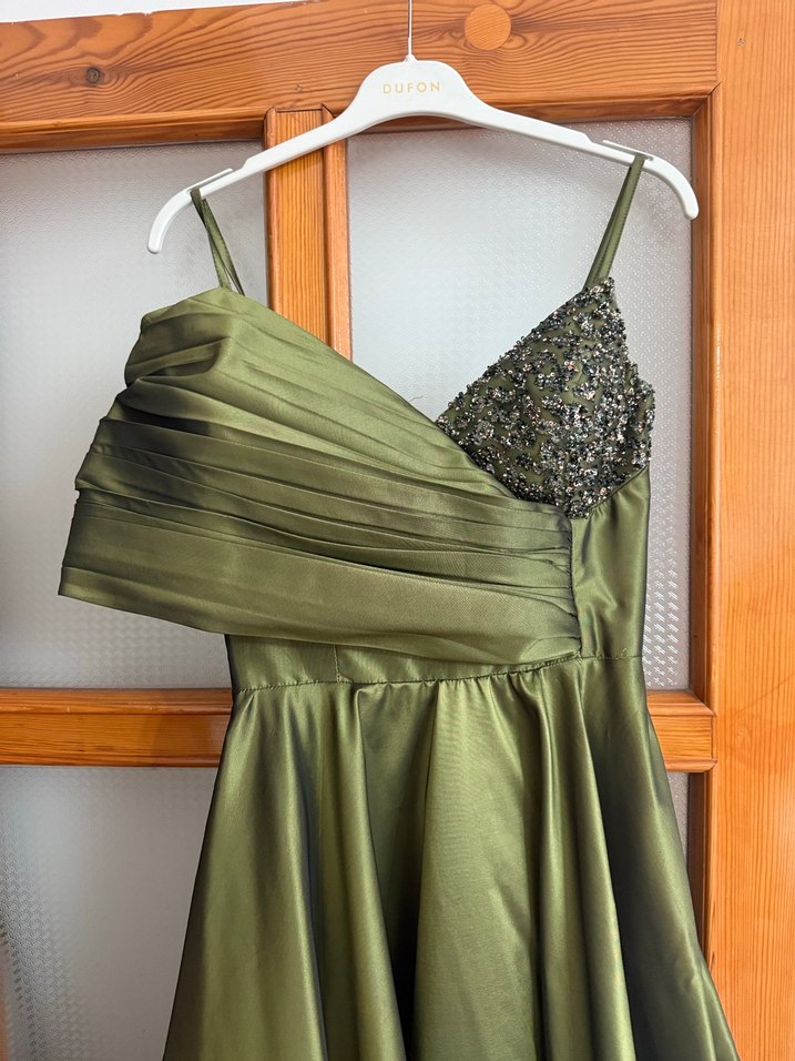 Tek Omuz Drapeli Taş Detaylı Helen Yeşil Abiye Elbise - Görsel 5