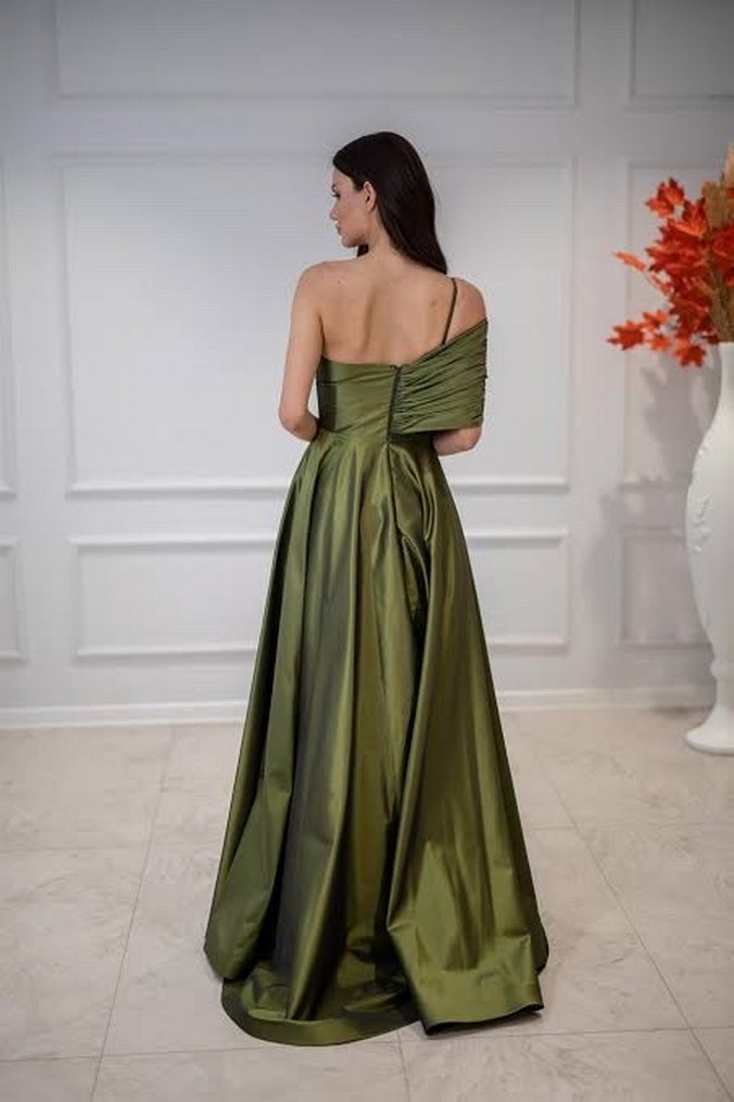 Tek Omuz Drapeli Taş Detaylı Helen Yeşil Abiye Elbise - Görsel 2