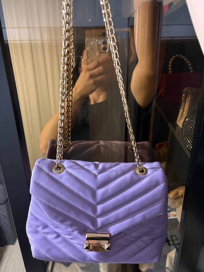 Zincir Detaylı Mor Deri Kadın Çanta - Görsel 2
