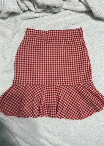 Kırmızı Kareli Fırfırlı Mini Etek - Görsel 3