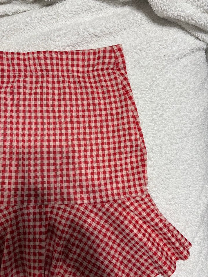 Kırmızı Kareli Fırfırlı Mini Etek - Görsel 2