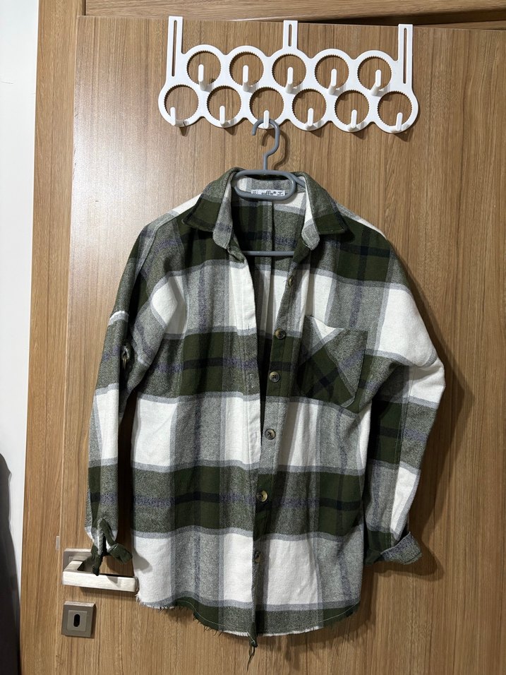 Kadın Gri Ekose Düğmeli Uzun Kollu Gömlek - Görsel 2