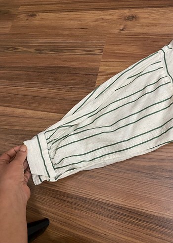 Bej Çizgili Kadın Keten Gömlek - Görsel 3