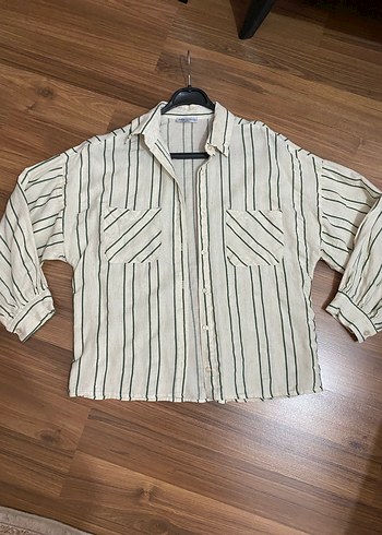 Bej Çizgili Kadın Keten Gömlek - Görsel 2