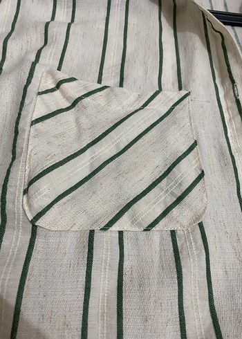 Bej Çizgili Kadın Keten Gömlek - Görsel 4