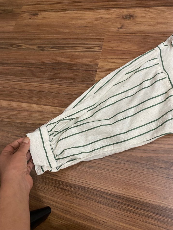 Bej Çizgili Kadın Keten Gömlek - Görsel 3