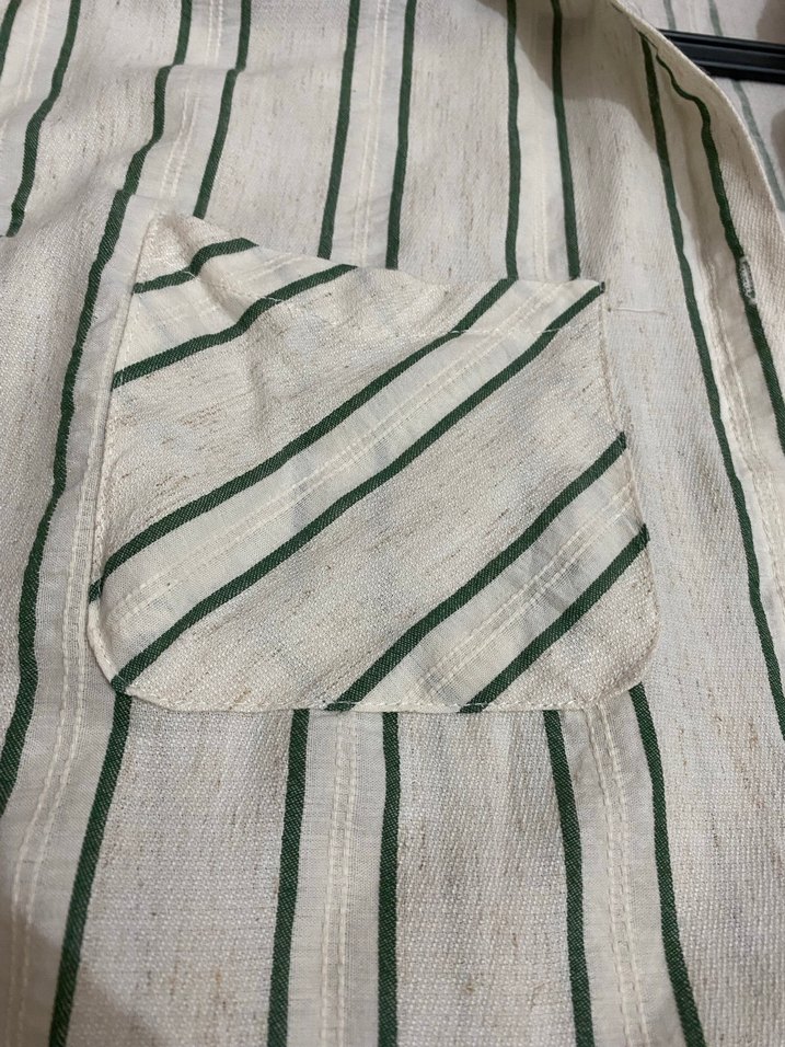 Bej Çizgili Kadın Keten Gömlek - Görsel 4