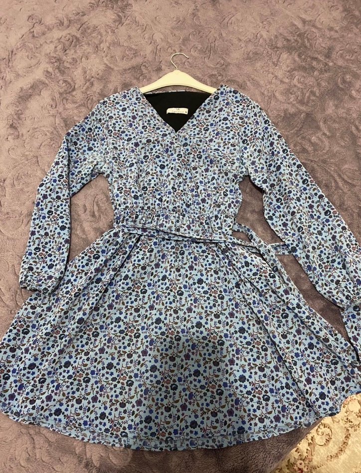 Mavi Bağlamalı Midi Bohem Elbise - Görsel 2