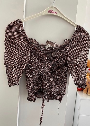 Desenli V Yaka Bluz crop - Görsel 2