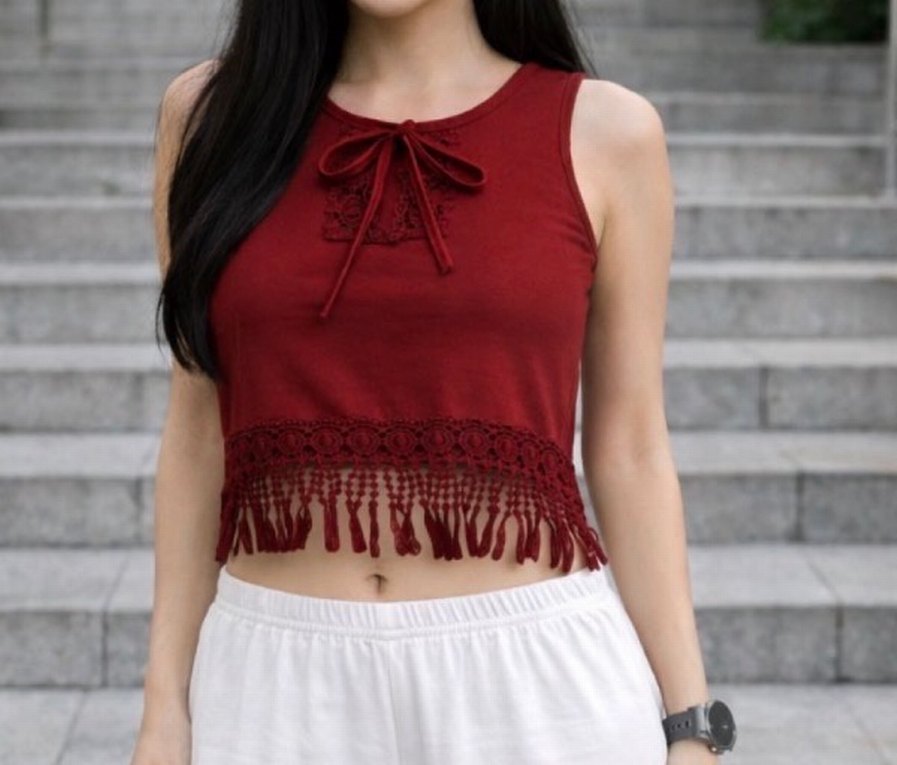 Dantel Detaylı Bordo Bohem Atlet - Görsel 5