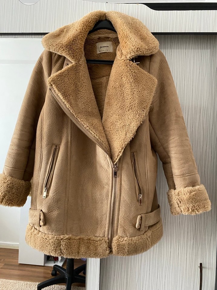 Bej Süet Kürklü Midi Kadın Ceket - Görsel 2
