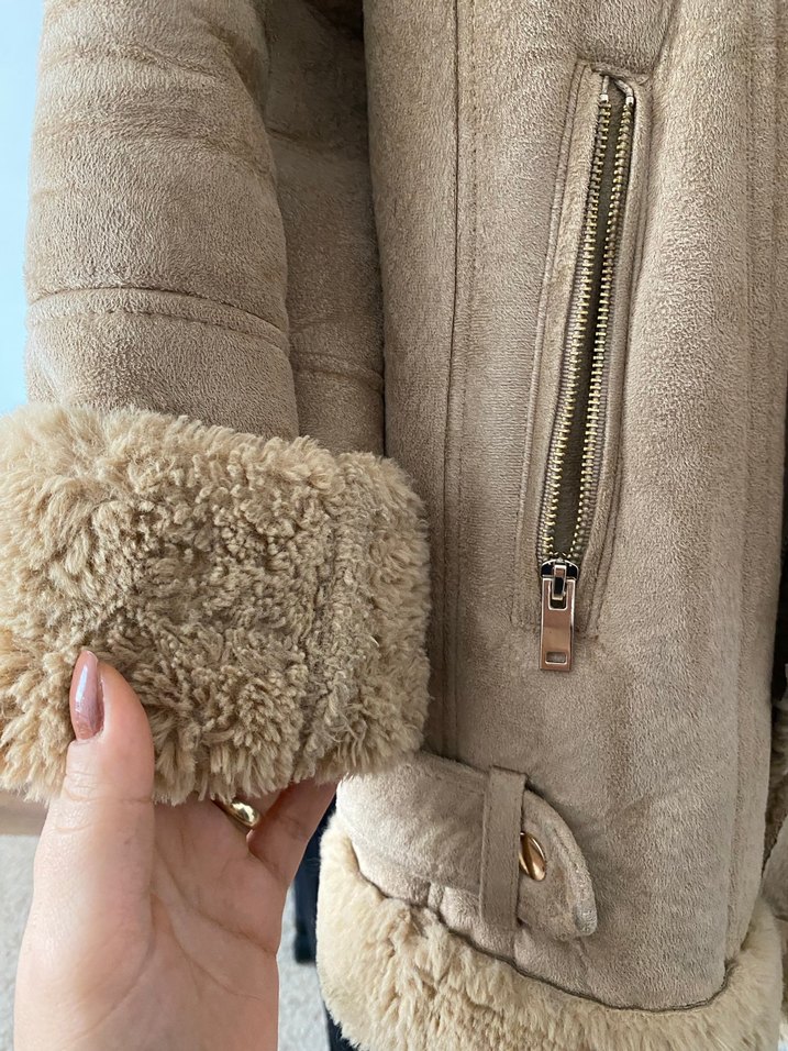Bej Süet Kürklü Midi Kadın Ceket - Görsel 3