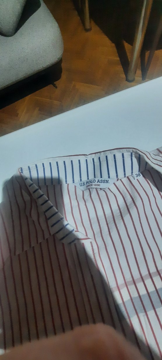 kadın erkek US Polo gömlek beyaz renk kırmızı ve mavi çizgili - Görsel 2