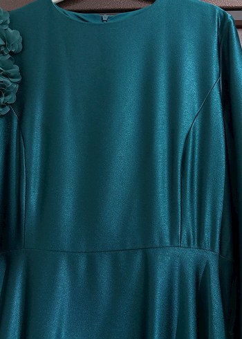 Uzun Petrol Yeşili Kadın Abiye+ Şal - Görsel 4