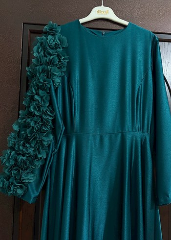 Uzun Petrol Yeşili Kadın Abiye+ Şal - Görsel 2