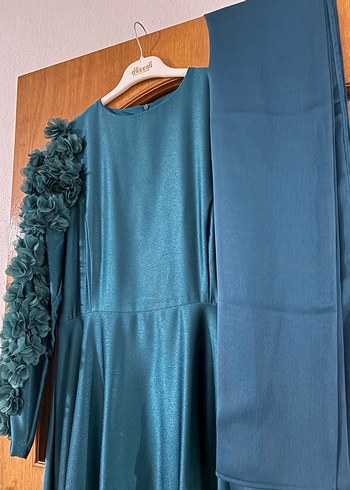 Uzun Petrol Yeşili Kadın Abiye+ Şal - Görsel 5