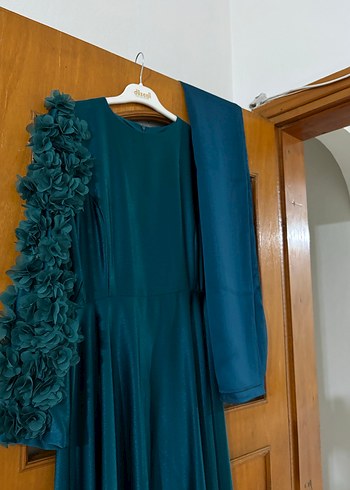 Uzun Petrol Yeşili Kadın Abiye+ Şal - Görsel 3