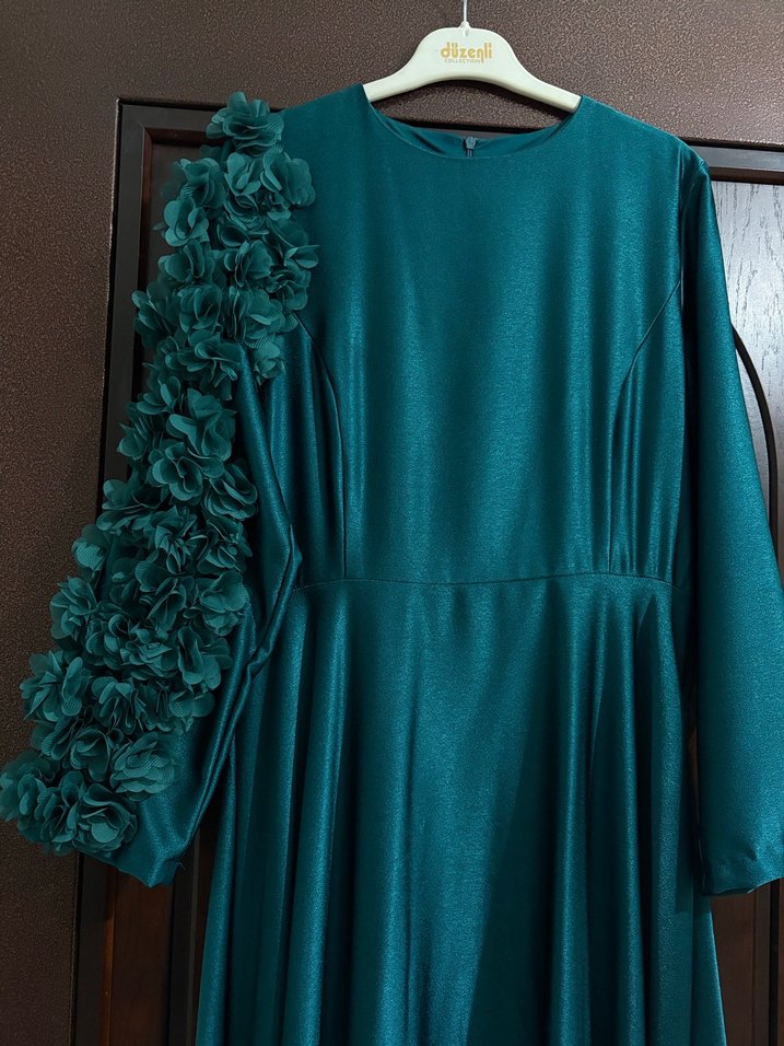 Uzun Petrol Yeşili Kadın Abiye+  Şal - Görsel 2