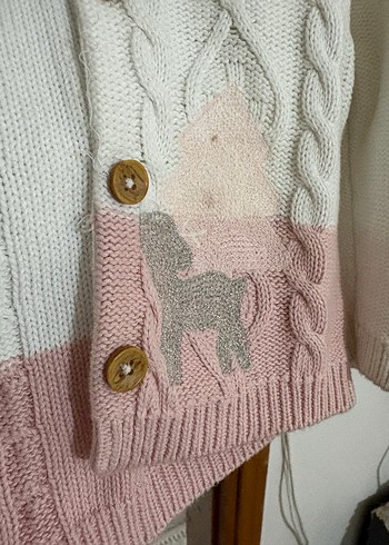 Nakışlı Beyaz-Pembe Kız Örgü Hırka - Görsel 5