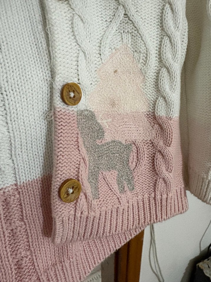 Nakışlı Beyaz-Pembe Kız Örgü Hırka - Görsel 5