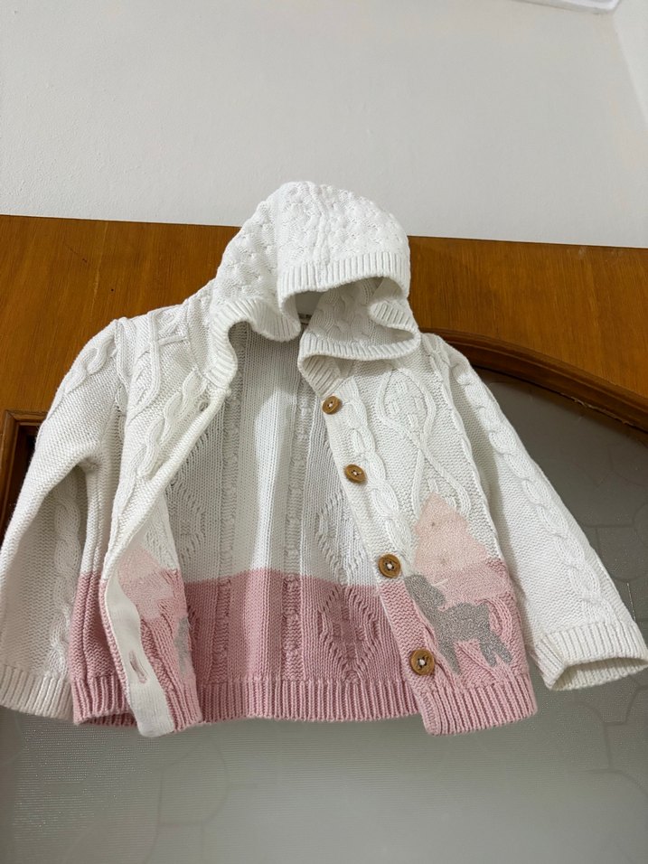 Nakışlı Beyaz-Pembe Kız Örgü Hırka - Görsel 2